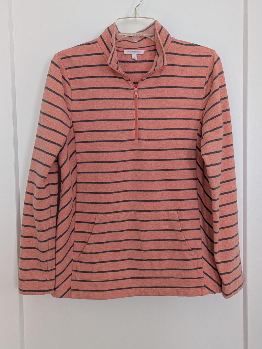 Talbot's Medium Pink Gray Stripe Sweatshirt 1/4 Zip Mock Neck Casual Active Wear